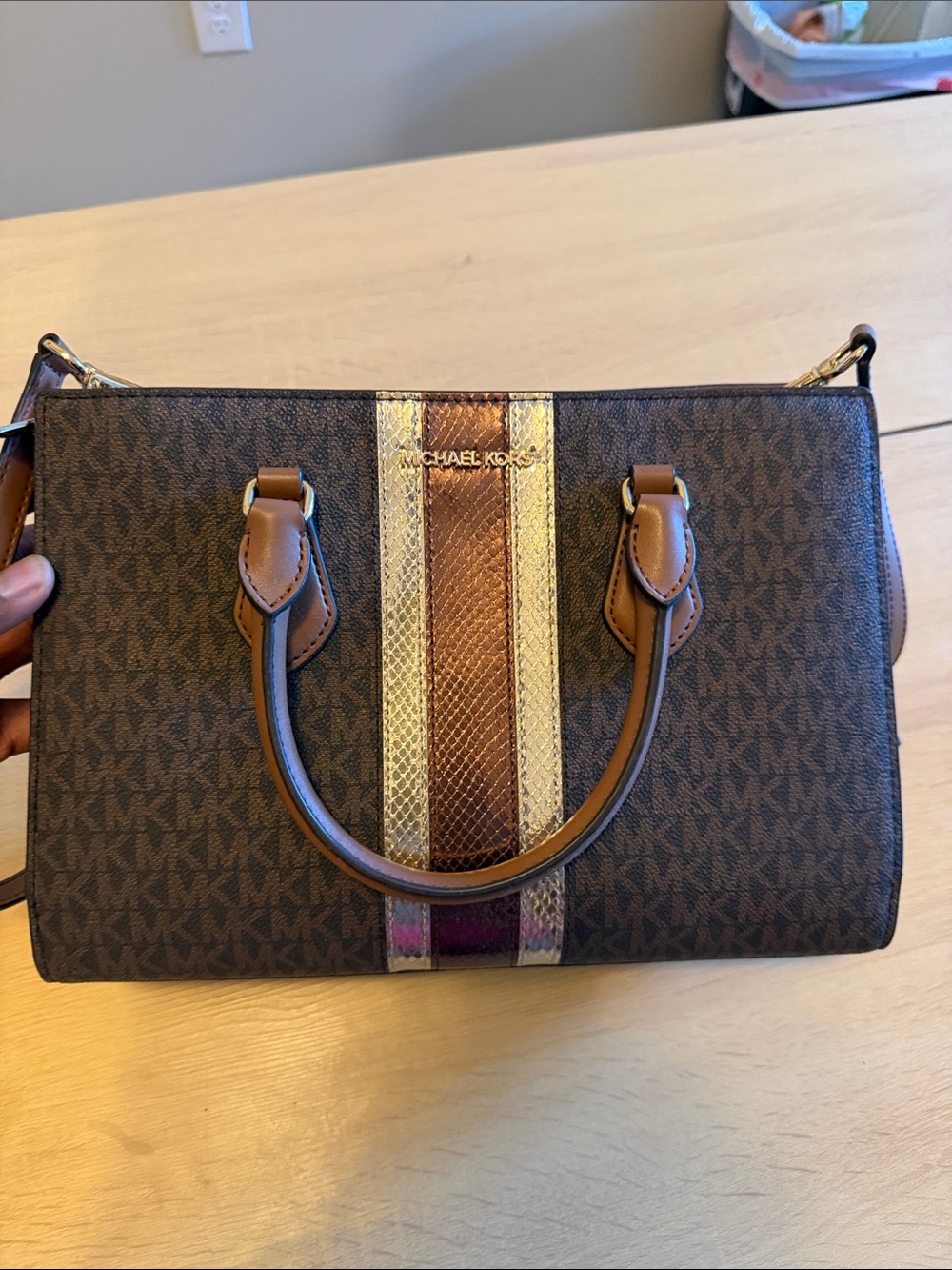 Michael Kors Brown Logo Satchel with Metallic Stripe Accents